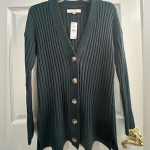 NWT LOFT Deep Green Ribbed Long Cardigan with Buttons